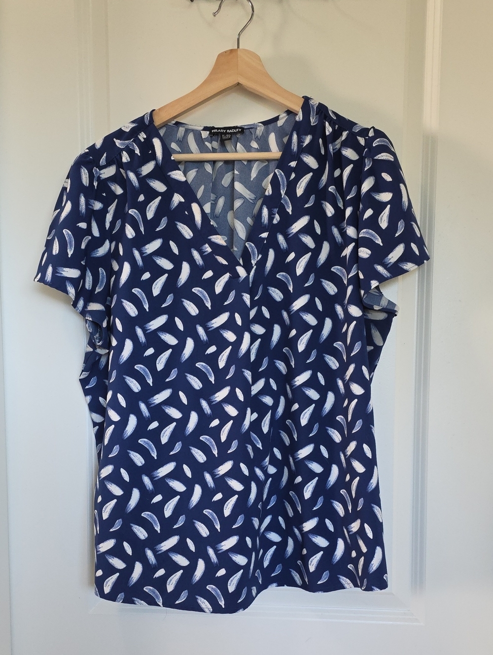 Hilary Radley Navy and White Feather-Print V-Neck Blouse